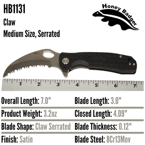 HB1131 Honey Badger Claw Serrated Flipper Medium Black