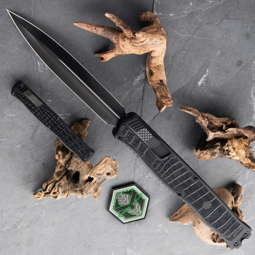 Heretic Knives 2X Cleric II, DLC Double Edge Magnacut, Black ANO w Croc Leather  Inlay