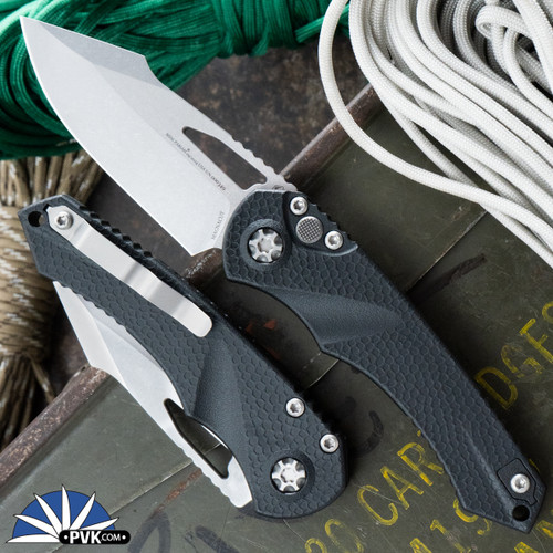 Heretic Knives Mini Pariah Manual, Magnacut Stonewash Blade,  Black Polymer Handle