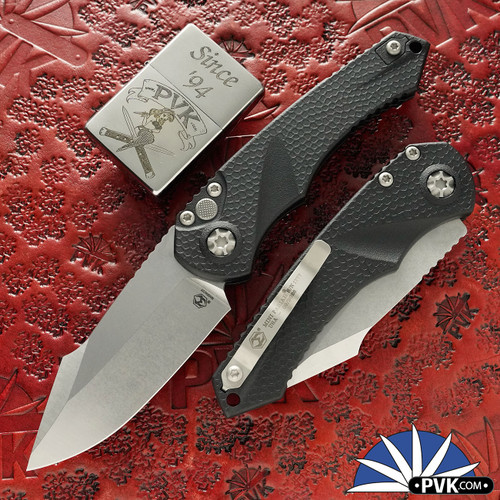 Heretic Knives Mini Pariah Auto, Magnacut Single Edge Stonewash Blade,  Black Polymer Handle