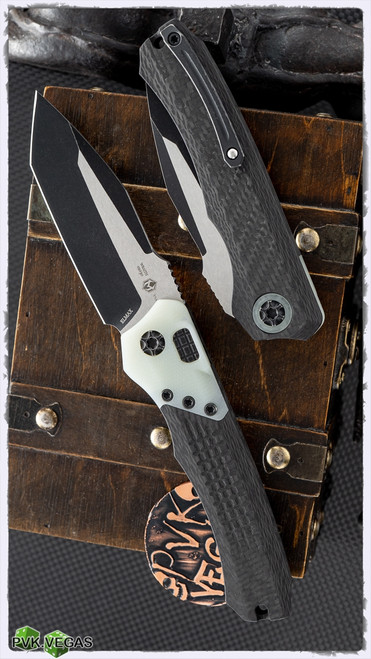 Heretic Knives Wraith Auto DLC Tanto Carbon Fiber Handles Jade G10 Bolster & 2-Tone Battleworn Black