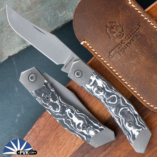 Jack Wolf Knives Mini Cyborg Jack, Blasted & Tumbled Finish Blade, White Marble Carbon Fiber Handle