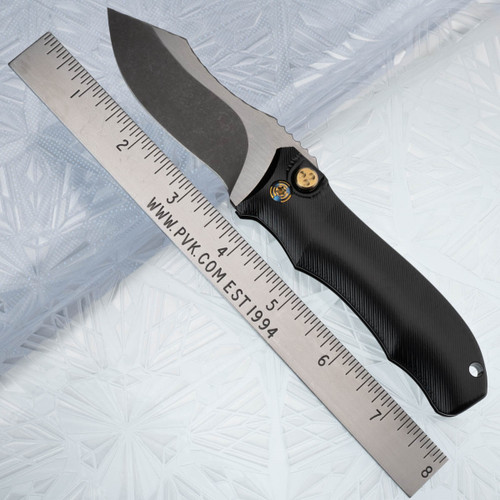 Landau Knives Saoirse Prototype Button Lock Folding Knife S45VN Acid Washed Harpoon Blade With Satin Flats, Black Textured Aluminum Handles, Blue and Gold Accents