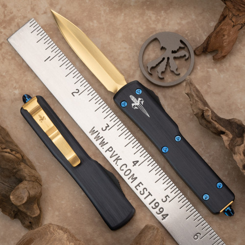 PVK Custom Marfione Custom UTX-70 D/E 24K Hand Rubbed Satin Blade Blue Ti Hardware 24K Gold Pocket Clip