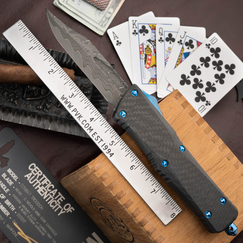 Marfione Custom Combat Troodon Bowie, Damascus, Carbon Fiber, Blue Ti HW