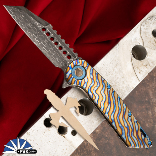 Marfione Custom Warhound Folder Reptillian Damascus Blade, Flamed Polished Titanium Handle W/Blue Ti HW