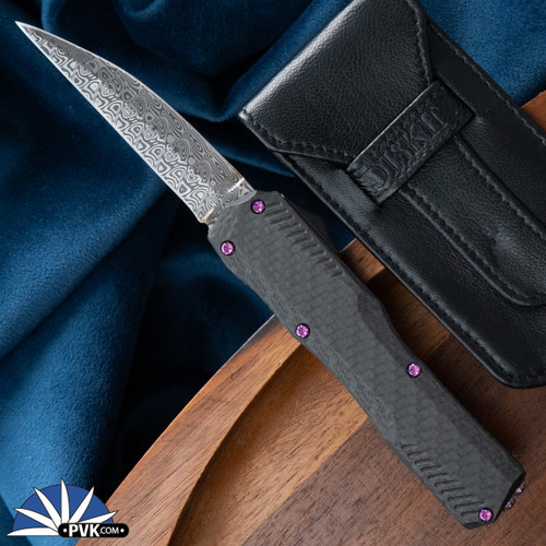 Diskin Custom Kershaw Livewire, Damasteel Double Edge Wharncliffe , Carbon Fiber Top, Black Handle, Purple Screws