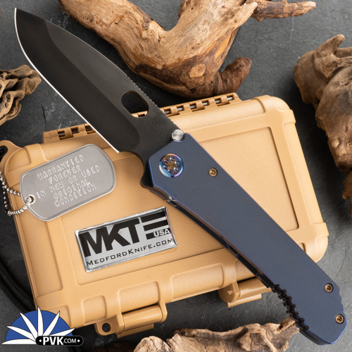 Medford 187 DP D2 PVD Drop Point, Blue Titanium Handle Flamed HW