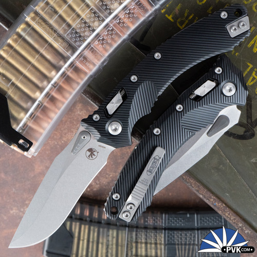Microtech Amphibian 137RL-10FL Ram-Lok Aluminum Black Fluted, Stonewash Blade