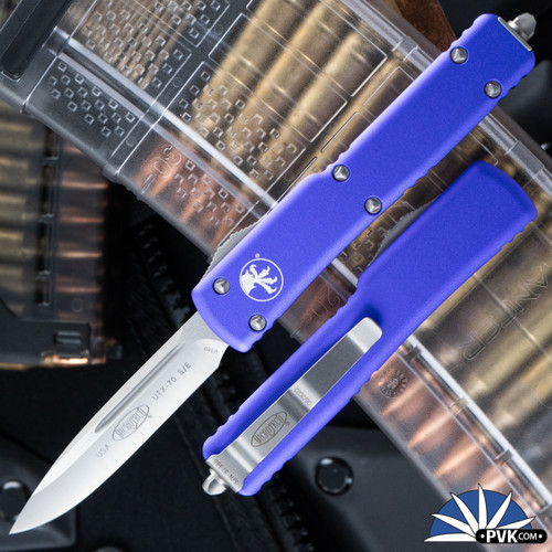 Microtech UTX-70 148-4PU Single Edge Satin Blade, Purple Handle