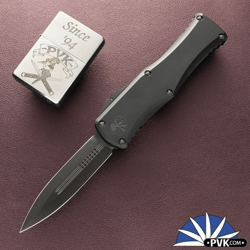 Microtech Hera 702-1DLCTSH Double Edge DLC Blade, Black Handle Shadow, Tritium Button Inlay