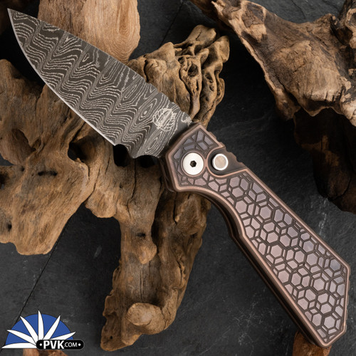 Protech Strider  PT+ 2023 Auto Chad Nichols Damascus Blade Antique PVD 17-4 Stainless Handle MOP Button Ti Clip