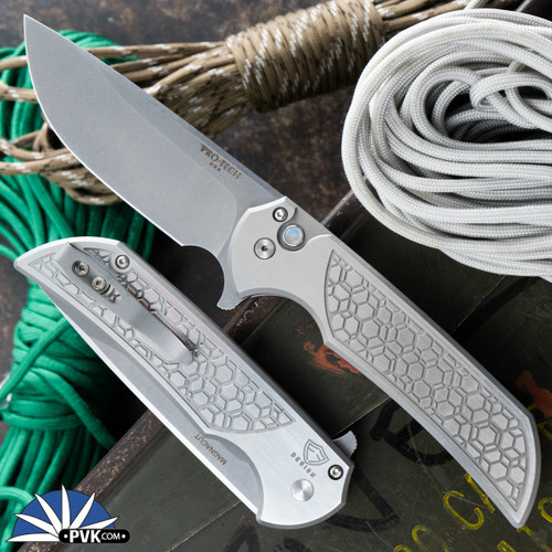 Protech Custom Mordax Plunge Lock Flipper Knife, Stonewash Magnacut Blade, Two Tone Gridlock 17-4 Stainless Steel Handle