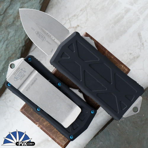 PVK Custom Exocet 157-10AP Double Edge Apocalyptic Blade, Black Handle, Blue Screws