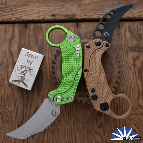 Reate EXO-K Gravity Karambit, Stonewashed N690, Green Oxide Aluminum, Tan Trainer