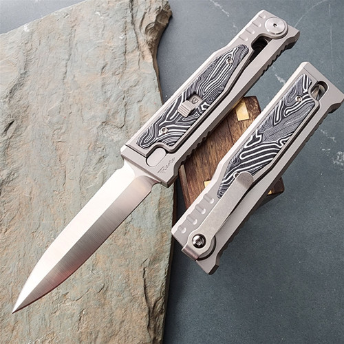 Reate EXO-M Gravity, Satin Double Edge, Black/White G10 Damascus Pattern