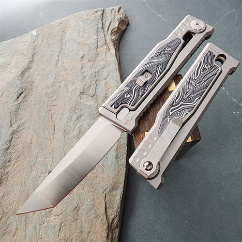 Reate EXO-M Gravity, Satin Tanto Edge, Black/White G10 Damascus Pattern
