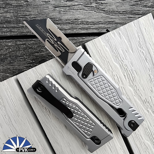 Reate EXO-U Gravity Knife, Razor Blade, Aluminum Diamond Pattern Silver