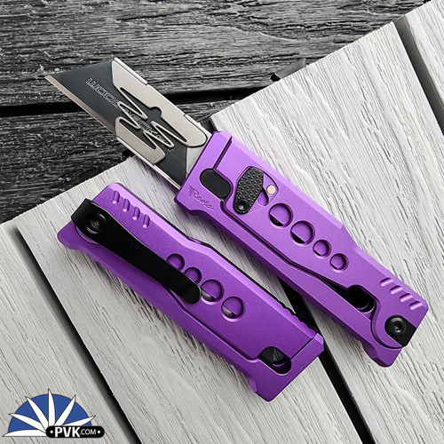 Reate EXO-U Gravity Knife, Razor Blade, Aluminum Speedhole Pattern Purple