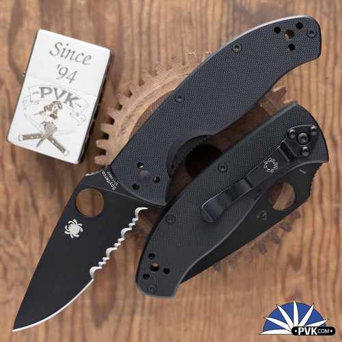 Spyderco Tenacious, Black Partial Serrated Blade, Black G10 Handles