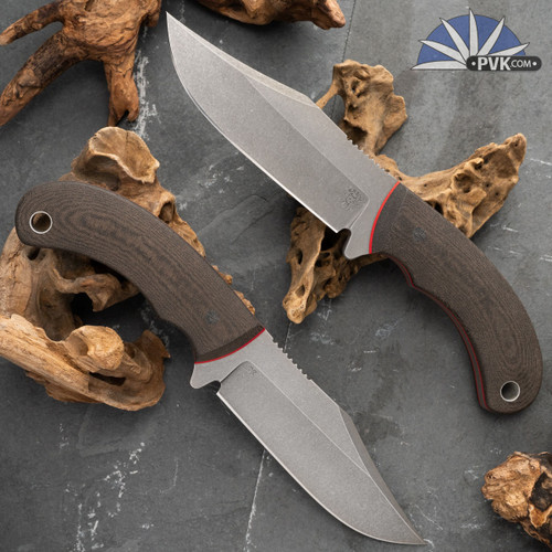 Tom Krein Bulldog XL Acid Washed D2 hollow grind Dark Brown Micarta, Red Liner and Micarta Pins