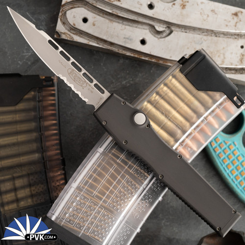 Vintage Microtech Halo II Single Edge Bead Blast Partial Serrated Blade Black Handle Dated 4/98