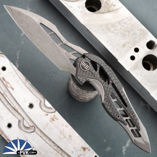 WE Knife Co Elijah Isham Arrakis Folding Knife Damascus Blade, Carbon Fiber Handles, Timascus Pivot Collar