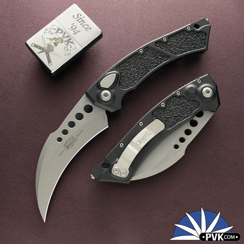 Microtech Hawk Auto 166-10AP, Apocalyptic Blade, Black Handle With Grip Inlay