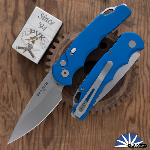 Protech TR-5 Auto T501-Blue,  Stonewash S35-VN Blade, Blue Handle W/Safety
