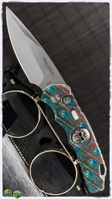 Protech TR-5 Auto Barbed Wire Skulls Silver Blade Shaw Skull