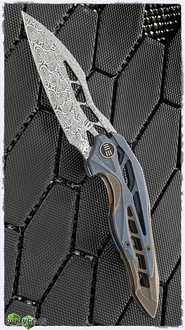 Elijah Isham Arrakis Folding Knife Heimskringla Damasteel Blade, Blue and Brown Titanium Handles, Timascus Pivot Collar
