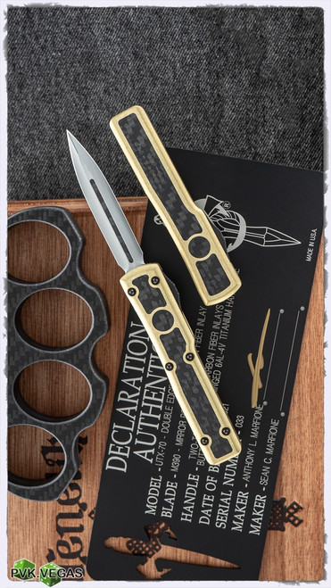 Marfione Custom UTX-70 D/E Edge Mirror Polish CF Inlay Blade & Brass Chassis