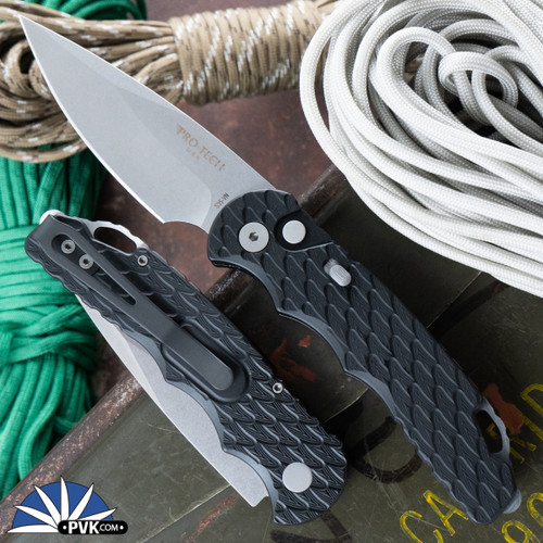 Protech TR-5 Auto T505-F S35VN Stonewash Blade, Feather Texture Black Handle, Bead Blast HW