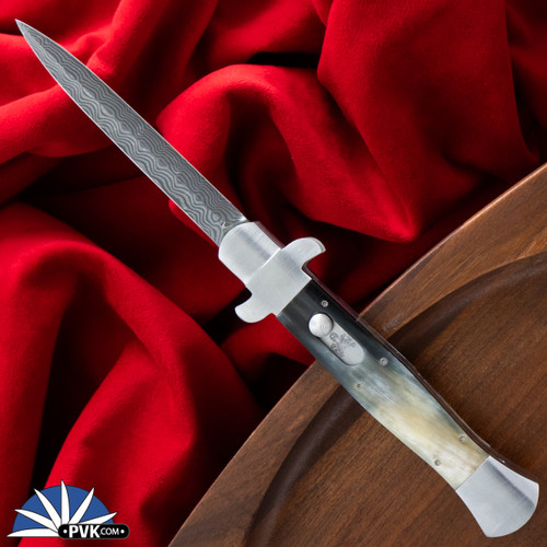 BURN Custom OTF Italian, Chad Nichols Fade SS Damascus Double Edge Blade, 416 SS W/Exhibition Black/White Cow Horn Handle Scales