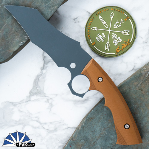 Koenscraft Custom Blades Chisel Ground Akuma, A2 Steel, Wolf Grey Gun Coat Blade, Brown G10 Handle