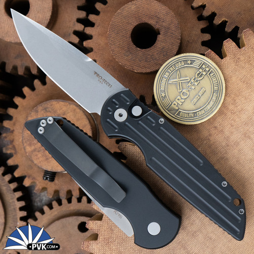 Protech TR-3 Stonewash Blade, Grooved Black Handle
