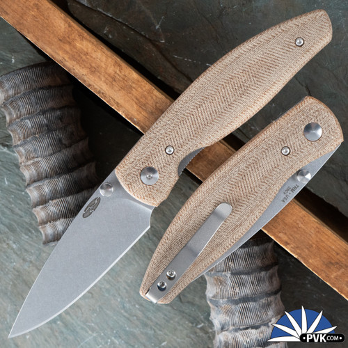 TRM Atom, Stonewash 20CV, Natural Micarta 3D Lizard Skin Scales