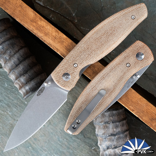 TRM Atom, Stonewash 20CV, Natural Micarta 3D Scales