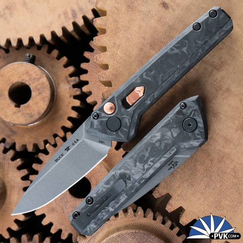 Buck 838 Legacy Collection Deploy Auto S45VN Gray Cerakote Drop Point Blade, Marble Carbon Fiber Handle