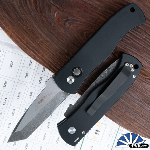 Protech Emerson CQC7 Auto "2025 Custom 001" 2 Tone Chad Nichols SS Damascus Chisel Tanto Blade, Black Smooth Handle LTD