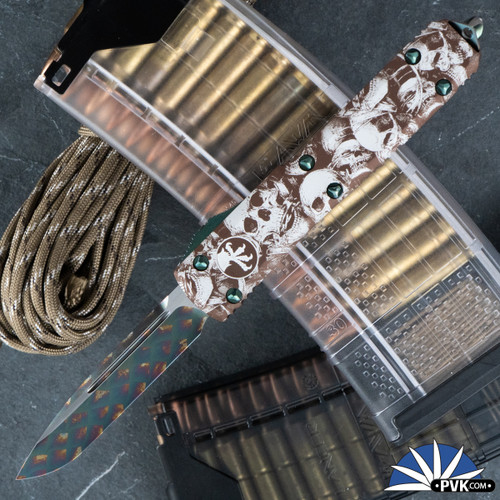 PVK Custom Ultratech Polychromatic Blaze Single Edge Blade, Tan Skulls Handle, Green Fade HW, One Off