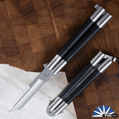 29 Knives Custom 4" S35VN Tanto Clip Point Blade, Black G10 Channel Cut 303 Stainless Steel Latched