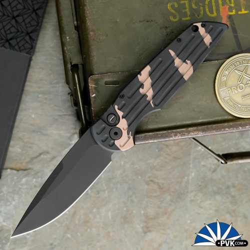 Protech TR-3-Sandstorm OPERATOR Black Blade, Grooved Black & FDE Handle, Tritium Push Button