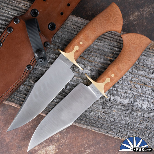Dauntless Manufacturing Clifft Fixed Blade, 125Cr1 Satin Clip Point Blade With Hamon, Natural Canvas Micarta Handle, Brown Leather Sheath