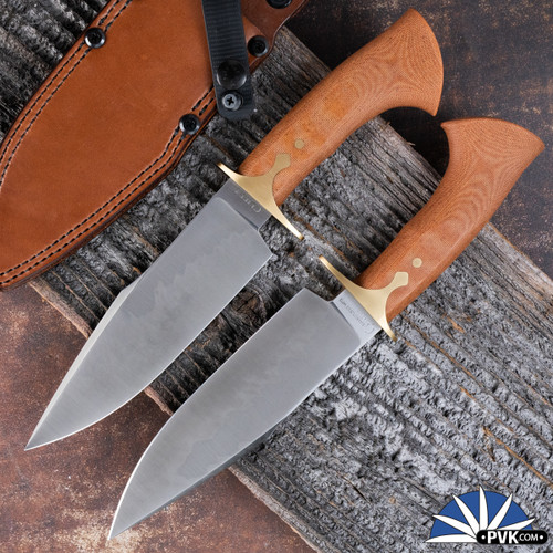 Dauntless Manufacturing Clifft Fixed Blade, 125Cr1 Satin Harpoon Blade With Hamon, Natural Canvas Micarta Handle, Brown Leather Sheath