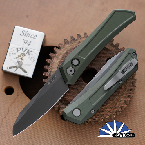 Protech Oligarch Auto DS121 Smoky Gray DLC Magnacut Blade, Green Handle
