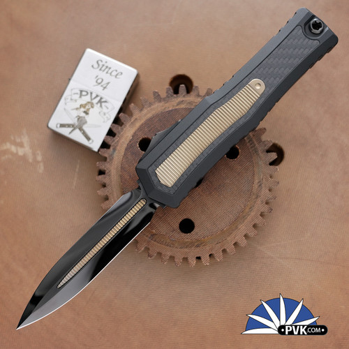 Marfione Custom Atreus Double Edge DLC Cracked Ice Finished Blade With Bronze Titanium Inlay, Black Handle With Carbon Fiber & Bronze Ti Inlays, DLC Hard Cut HW & Accents