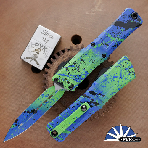 Microtech Combat Troodon Gen 3 1142-1GMPWBKSPLS Double Edge, Green Mamba PW Light Blue Splatter