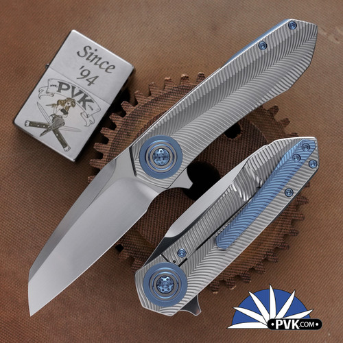 Skiff Made Blades Asylum #72, Hand Rubbed Satin, Milled Titanium Scales, Ice Blue Accents