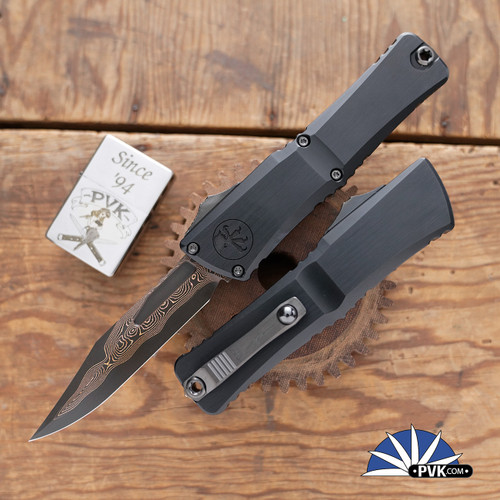 Marfione Select/Microtech Combat Troodon LT Gen 3 1146-16MS1 Bowie Baker Forge Coppermai Damascus Blade, Black Handle Hardcut HW  Bronze Ti Accents